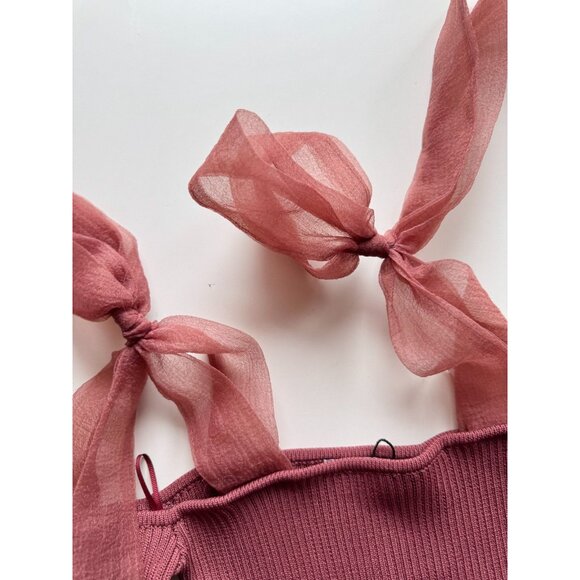 NWOT ZARA Rose Mauve Ribbed Knit Organza Tie Strap Cold Shoulder Top, Size S - Picture 7 of 13